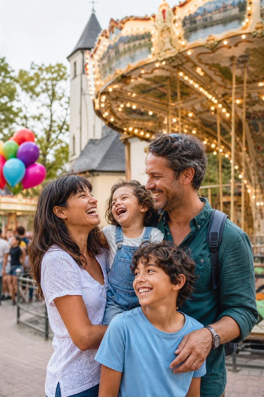Famille souriante dans un parc d'attraction