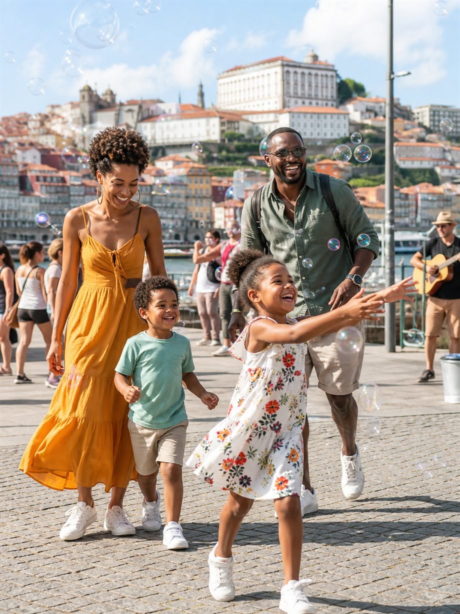 Famille qui se promène en ville avec des bulles