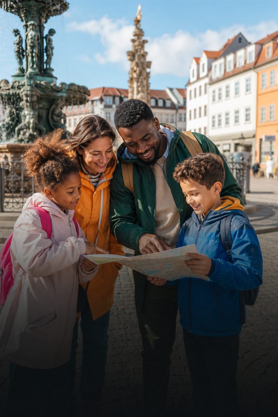 Famille souriante pendant une sortie en ville