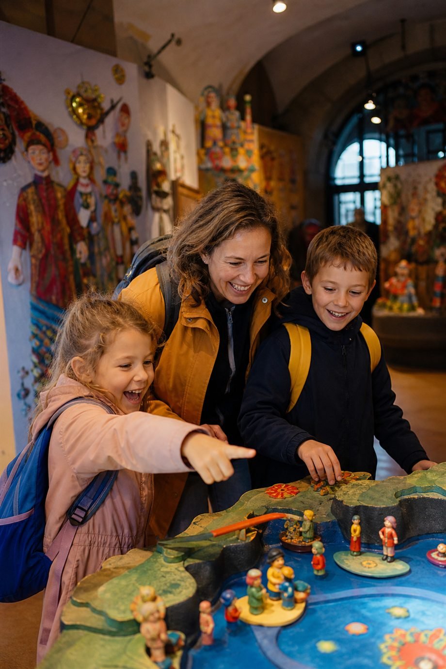 Famille qui découvre une activité culturelle ludique