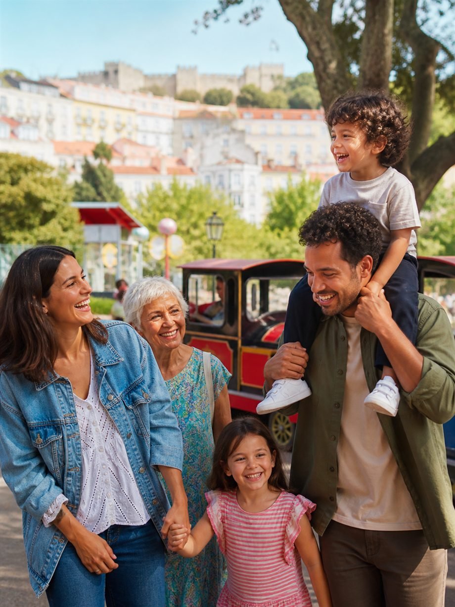Famille dans un parc avec une attraction pour enfants