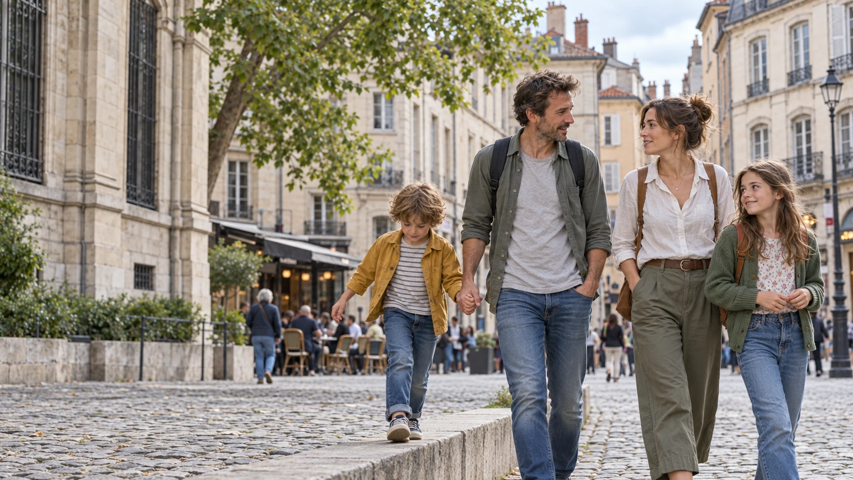 Visuel créé par IA : une famille profite d’une balade dans une place au décor européen