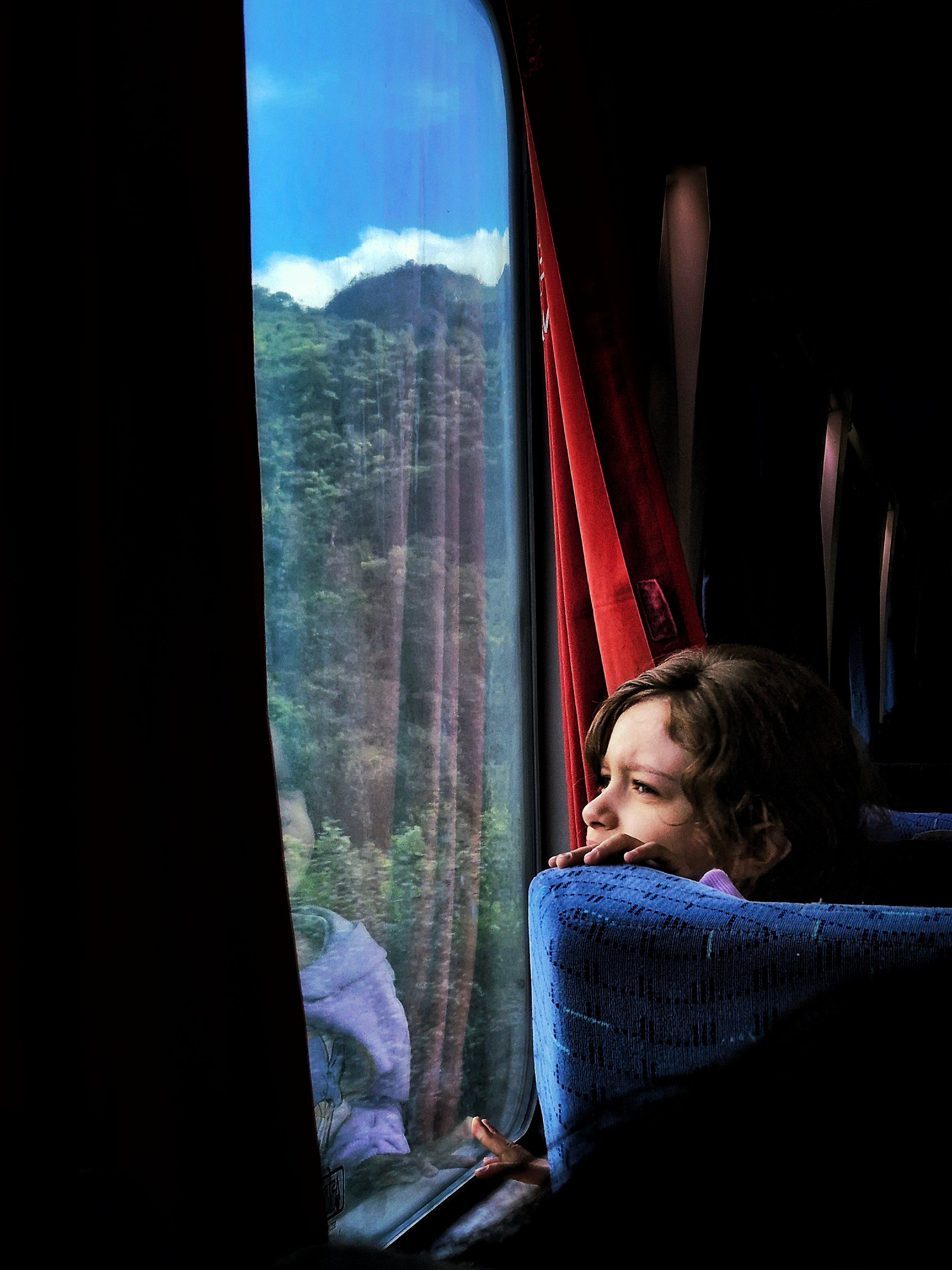 Enfant observant le paysage depuis la fen&ecirc;tre du train
