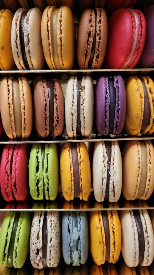 Assortiment de macarons colorés dans une pâtisserie parisienne